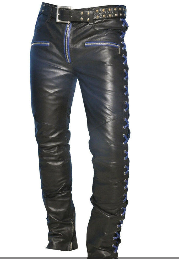 Men’s Real Cowhide Leather Laces Up Pants Bikers Contrast Laces Up Pants