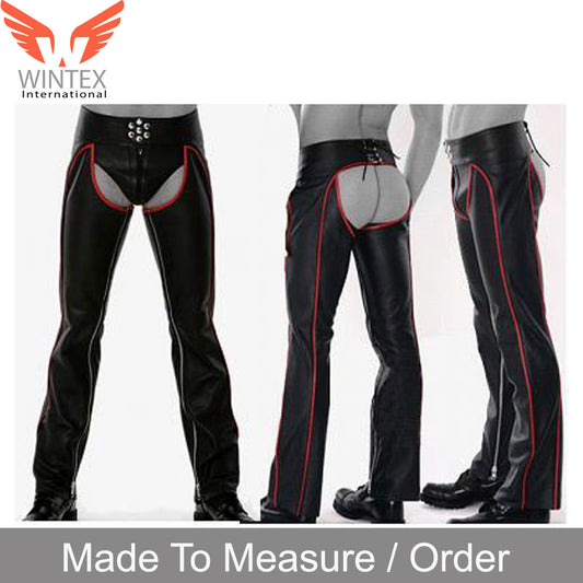 Men’s Real Cowhide Leather Bikers Chaps With Red Piping & Detachable Codpiece