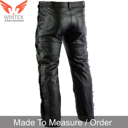 Men’s Real Leather Bikers Pants Laces Up Style Bikers Pants Side Laces Pants