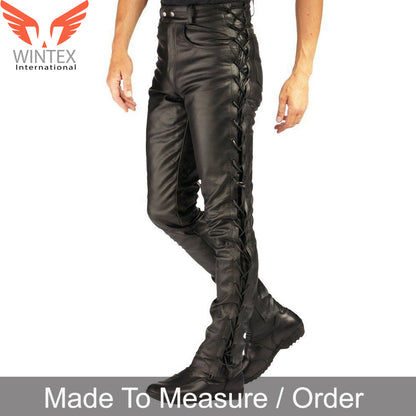 Men’s Real Leather Bikers Pants Laces Up Style Bikers Pants Side Laces Pants