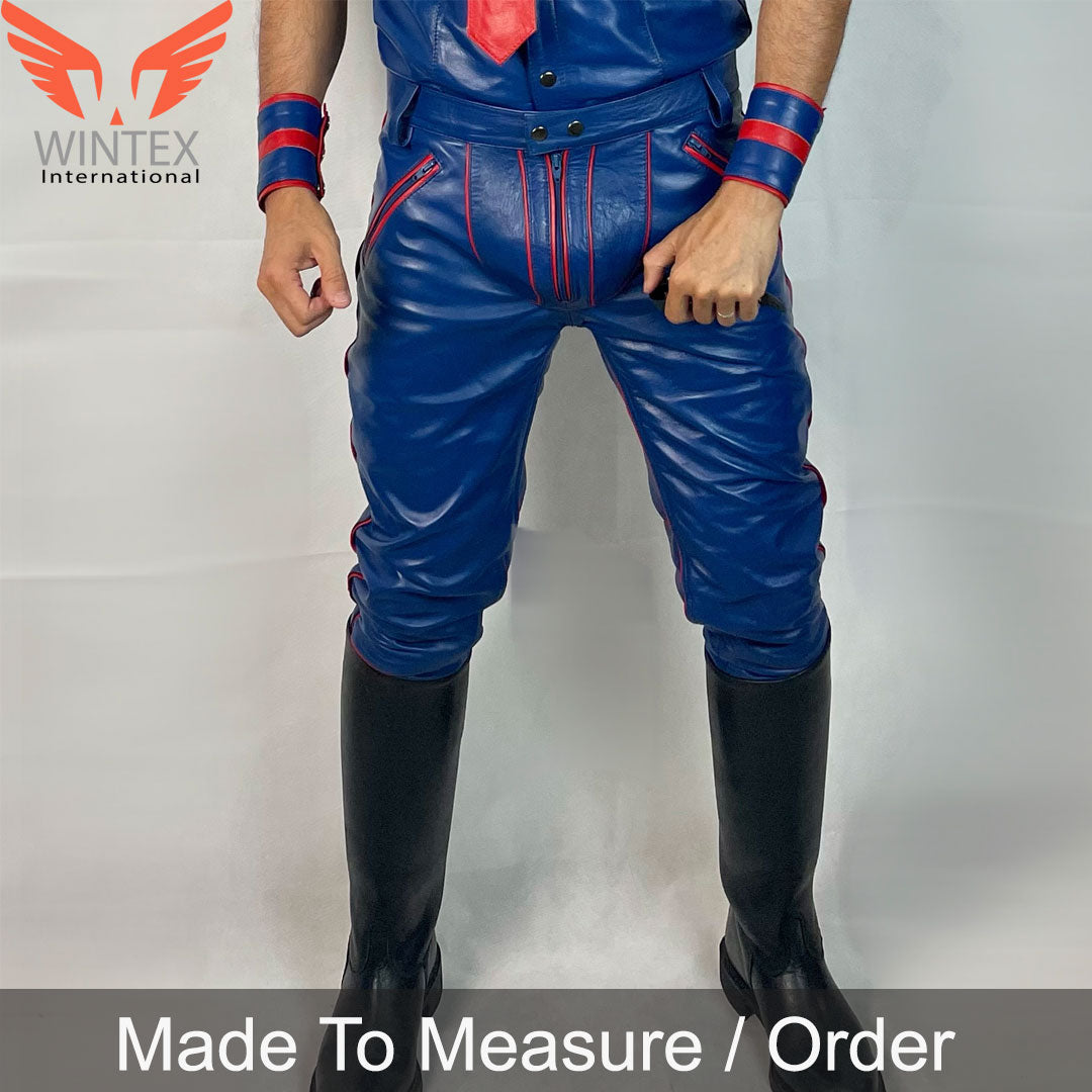 Men’s Real Leather Bikers Pants in Blue Color with Red Piping BLUF Pants