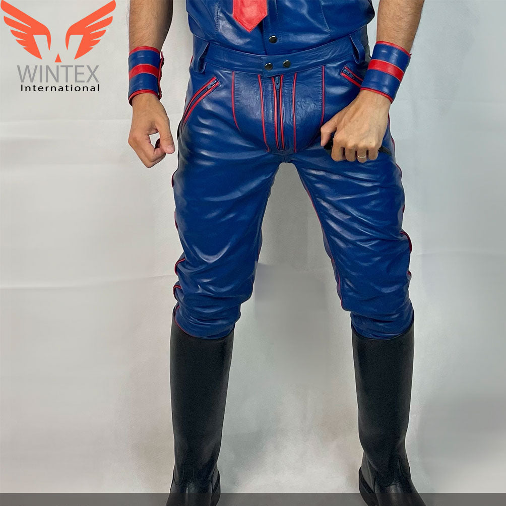 Men’s Real Leather Bikers Pants in Blue Color with Red Piping BLUF Pants