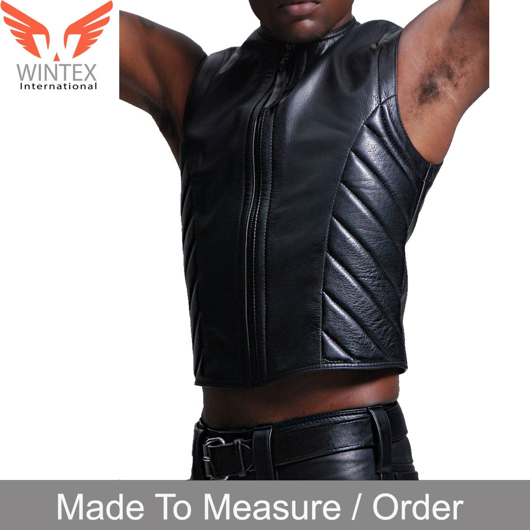 Men’s Real Cowhide Black Leather With Quilted Side Panels Biker’s Vest Waistcoat