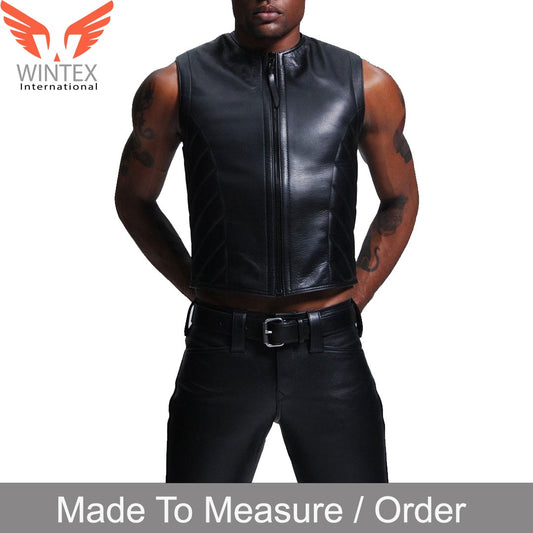 Men’s Real Cowhide Black Leather With Quilted Side Panels Biker’s Vest Waistcoat