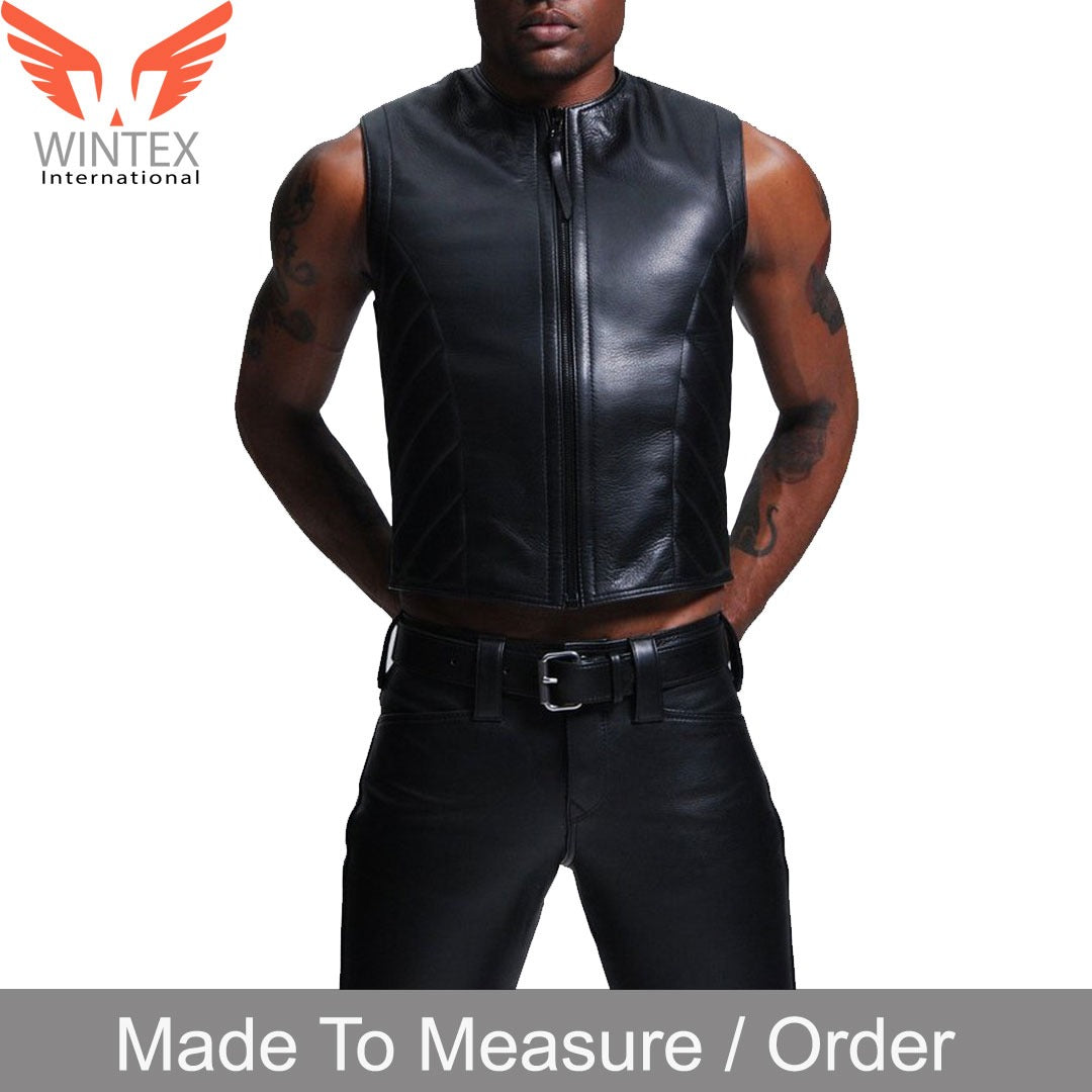 Men’s Real Cowhide Black Leather With Quilted Side Panels Biker’s Vest Waistcoat