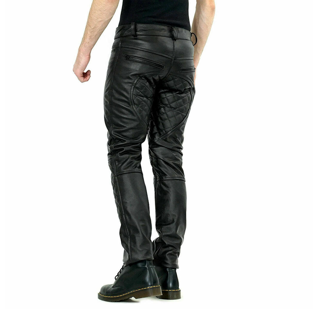 Men’s Real Cowhide Soft Leather Quilted Panels Bikers Pants BLUF Leather Pants