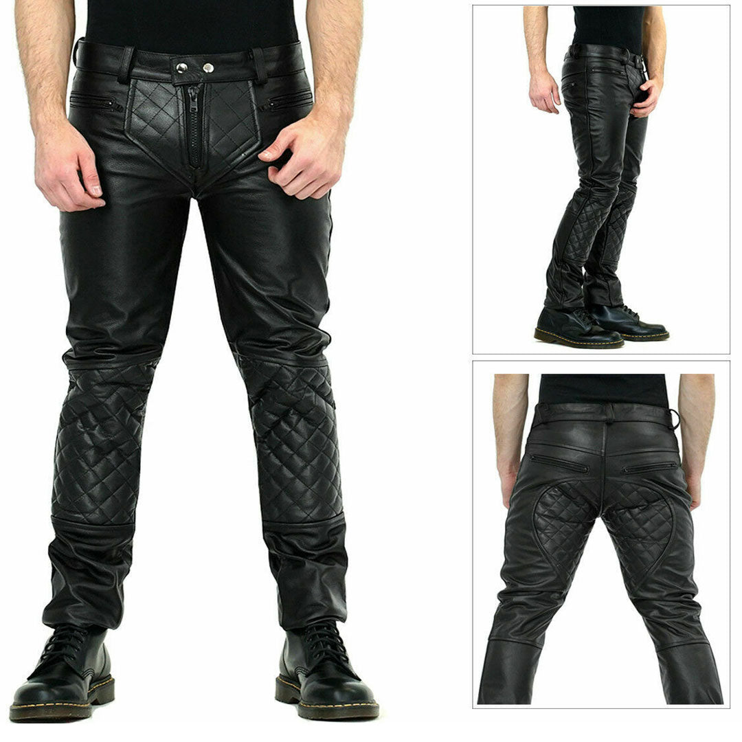 Men’s Real Cowhide Soft Leather Quilted Panels Bikers Pants BLUF Leather Pants