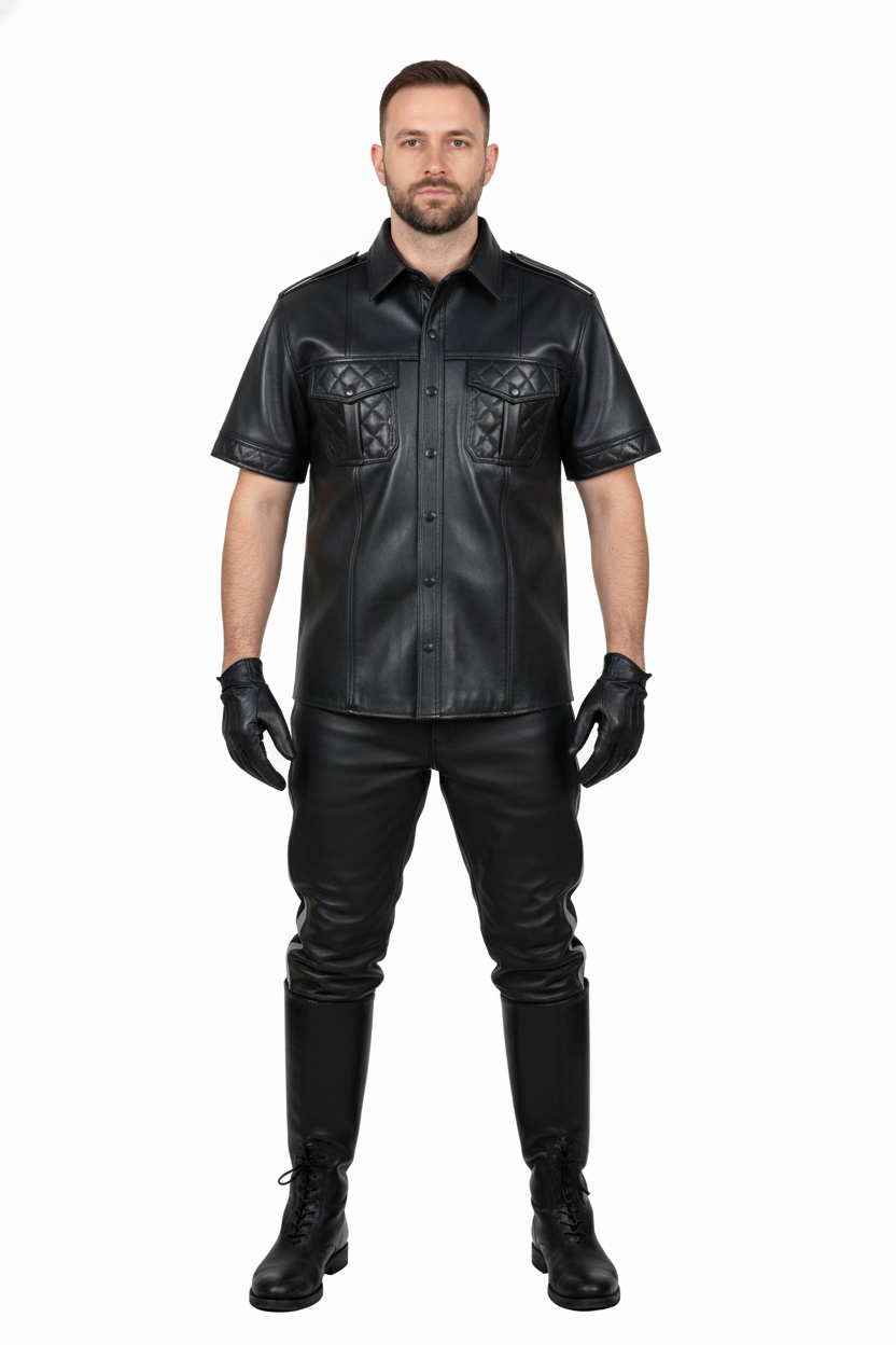 Men's Real Lamb Leather Police Shirt Quilted Panels Gay Leather Shirt