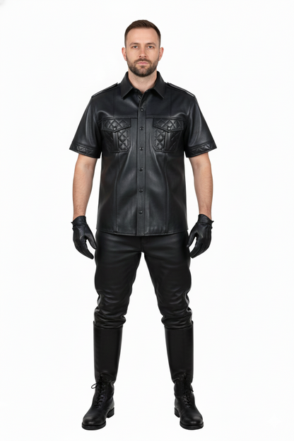 Men's Real Lamb Leather Police Shirt Quilted Panels Gay Leather Shirt