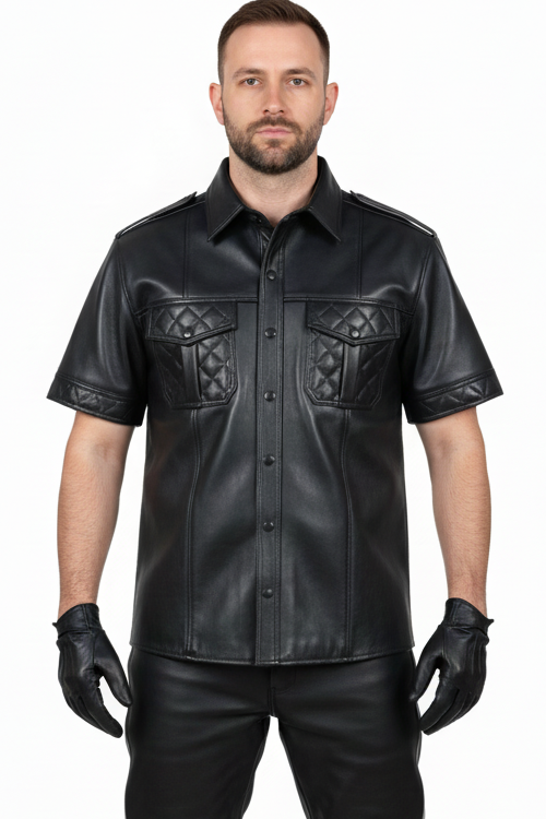 Men's Real Lamb Leather Police Shirt Quilted Panels Gay Leather Shirt