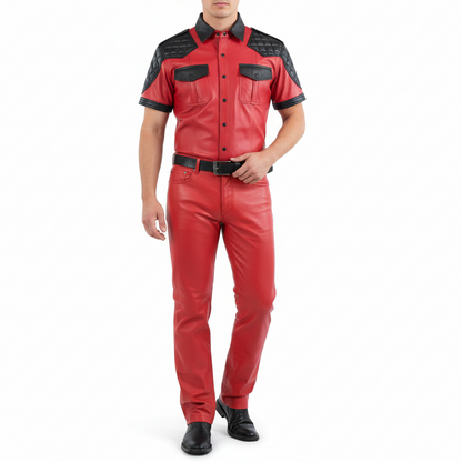 Men's Real Lamb Leather Police/Military Style Quilted Panels Short Sleeve Shirt