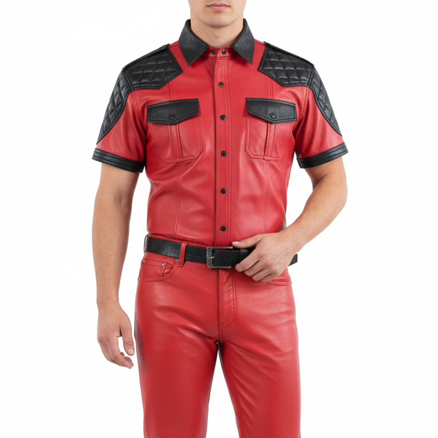 Men's Real Lamb Leather Police/Military Style Quilted Panels Short Sleeve Shirt