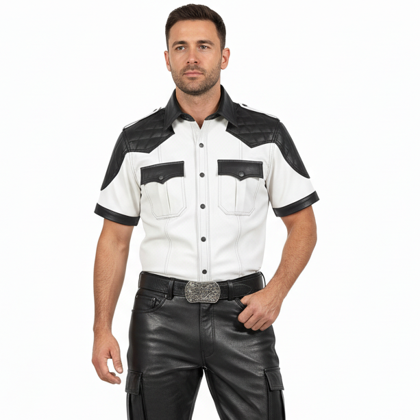 Men's Real Lamb Leather Shirt With Quilted Panels Police / BLUF Shirt