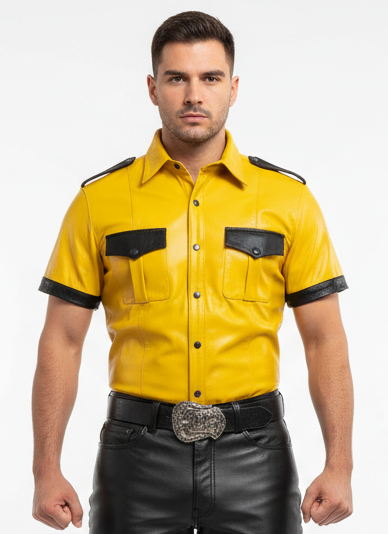 Men’s Real Lamb Leather Yellow Police Uniform Short Sleeves Shirt with Black Piping