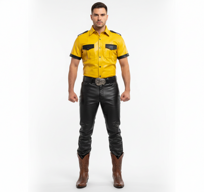 Men’s Real Lamb Leather Yellow Police Uniform Short Sleeves Shirt with Black Piping