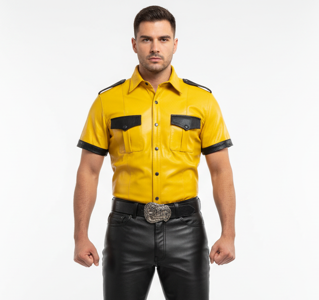 Men’s Real Lamb Leather Yellow Police Uniform Short Sleeves Shirt with Black Piping