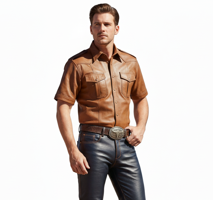 Men's Real Lamb Leather Police/Military Style Short Sleeve Shirt