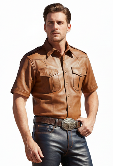 Men's Real Lamb Leather Police/Military Style Short Sleeve Shirt