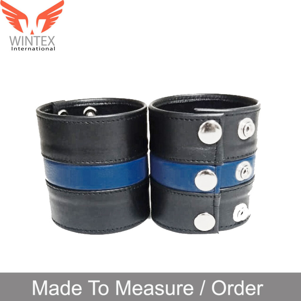 BDSM Leather Handcuffs – Master Slave Restraints – Black & Blue Bondage Wrists Cuffs