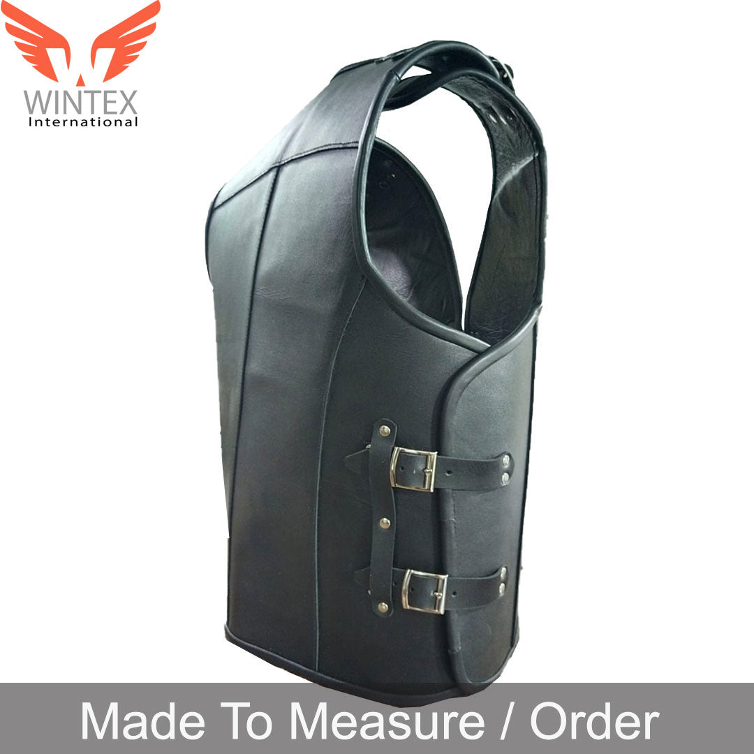 Men’s Real Cowhide Leather Bikers Vest Thick Leather Buckle Closure Bikers Vest with Black Piping