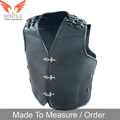 Men’s Real Cowhide Leather Bikers Vest Thick Leather Buckle Closure Bikers Vest with Black Piping