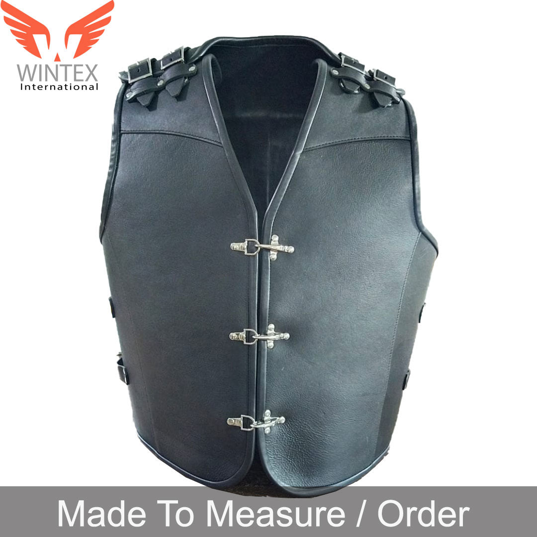Men’s Real Cowhide Leather Bikers Vest Thick Leather Buckle Closure Bikers Vest with Black Piping