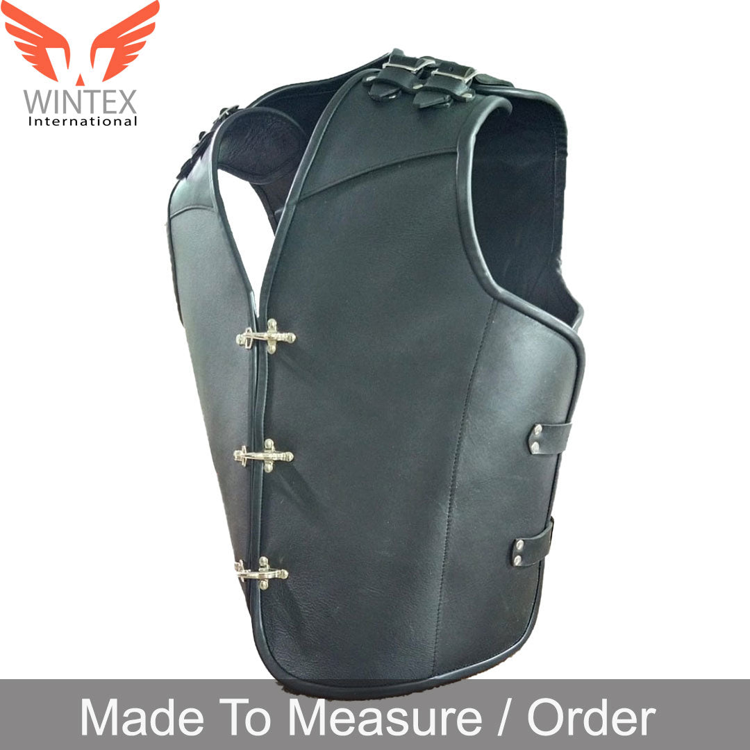 Men’s Real Cowhide Leather Bikers Vest Thick Leather Buckle Closure Bikers Vest with Black Piping