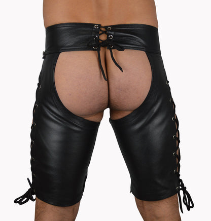 Men’s Real Leather Laces Up Chaps Shorts With Detachable Jockstrap
