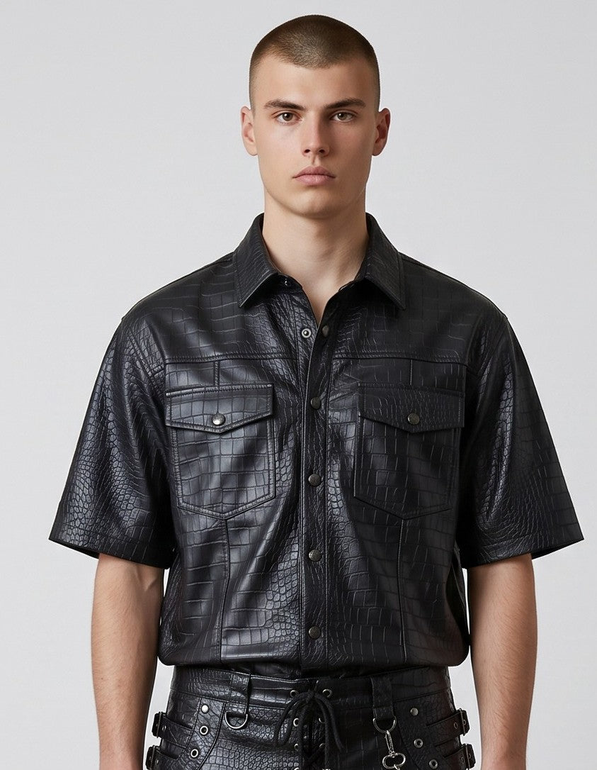 Men's Genuine Cow Leather Crocodile-Embossed Short Sleeve Shirt