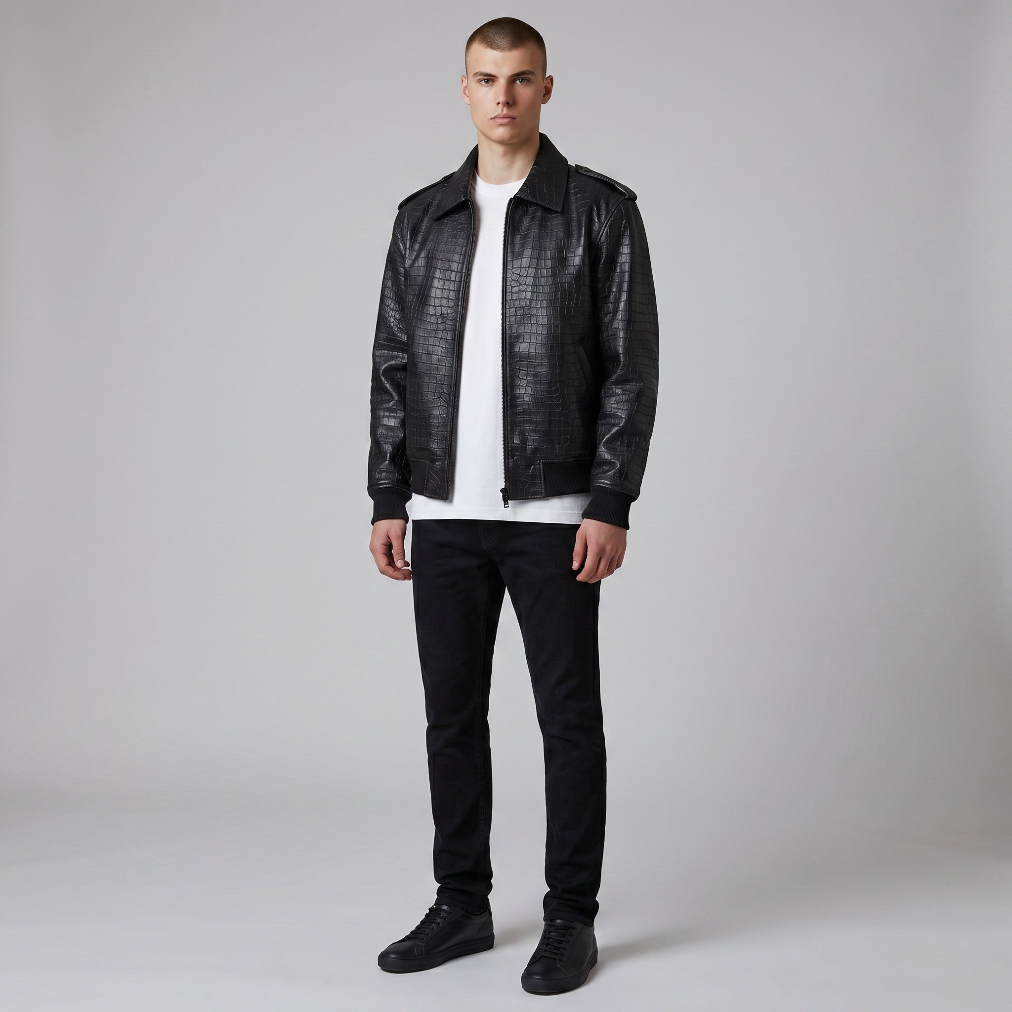 Men's Real Cowhide Crocodile Print Leather Bomber Jacket
