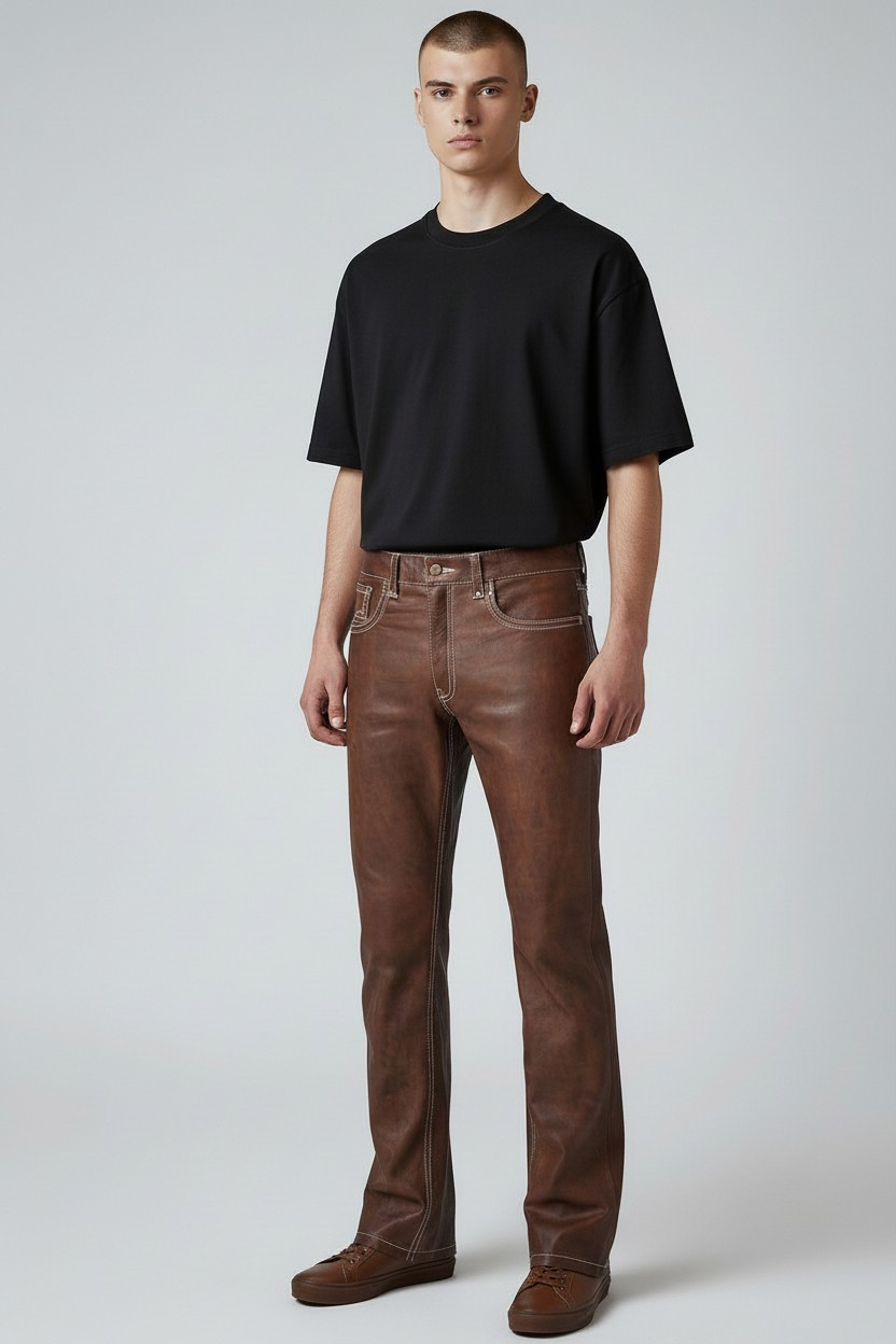 Men's Real Vintage Leather 5 Pockets Pants With Contrast Stitching