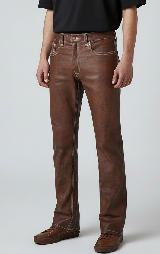 Men's Real Vintage Leather 5 Pockets Pants With Contrast Stitching