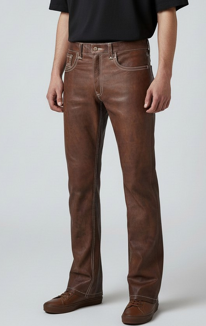 Men's Real Vintage Leather 5 Pockets Pants With Contrast Stitching