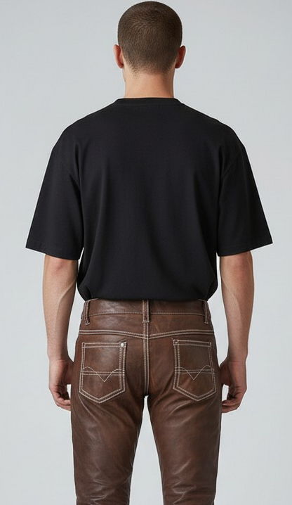 Men's Real Vintage Leather 5 Pockets Pants With Contrast Stitching