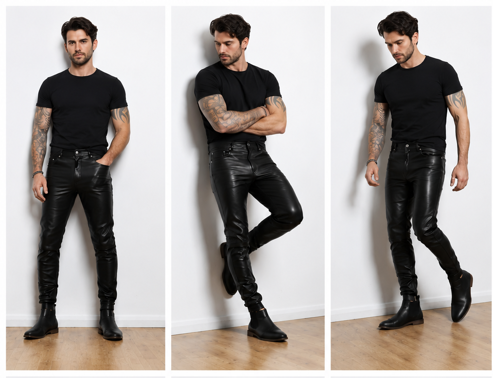Men's Genuine Cowhide Leather Jogger Pants With Quilted Panels