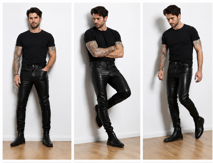 Men's Genuine Cowhide Leather Jogger Pants With Quilted Panels