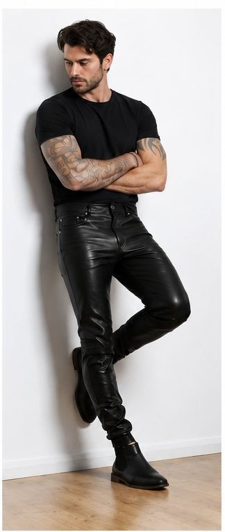 Men's Genuine Cowhide Leather Jogger Pants With Quilted Panels