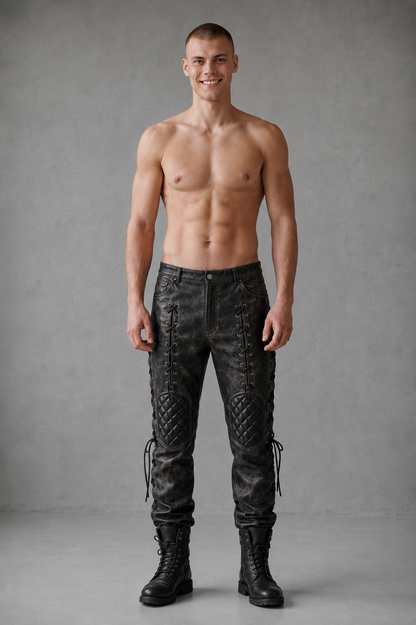 Men's Real Distressed Cowhide Leather Gothic/Steampunk Biker Pants
