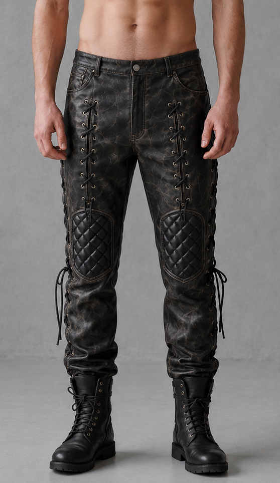 Men's Real Distressed Cowhide Leather Gothic/Steampunk Biker Pants