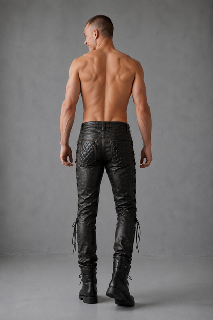 Men's Real Distressed Cowhide Leather Gothic/Steampunk Biker Pants
