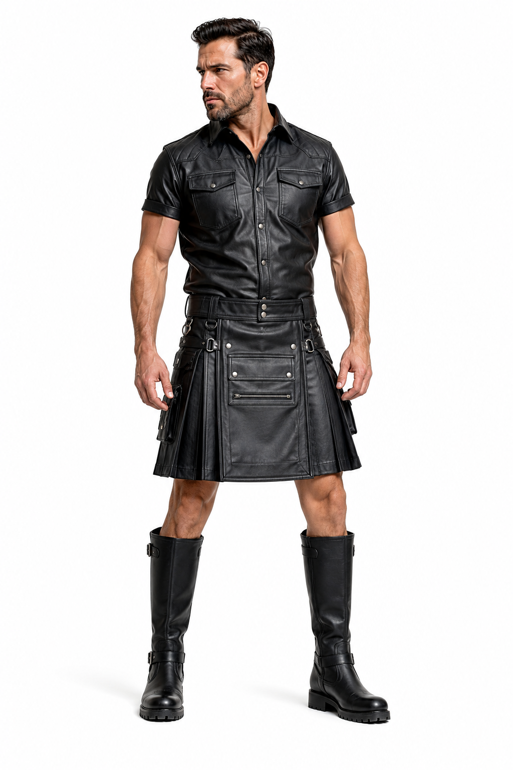 Men's Real Leather Utility Leather Cargo Kilt