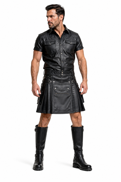 Men's Real Leather Utility Leather Cargo Kilt