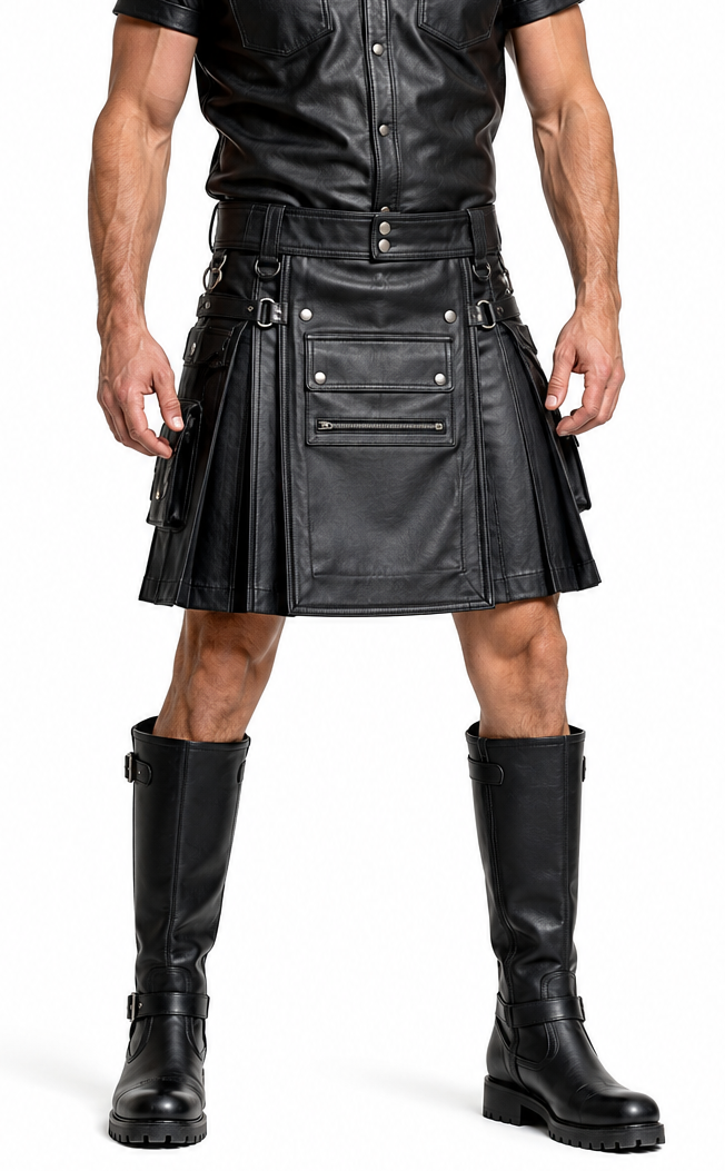 Men's Real Leather Utility Leather Cargo Kilt