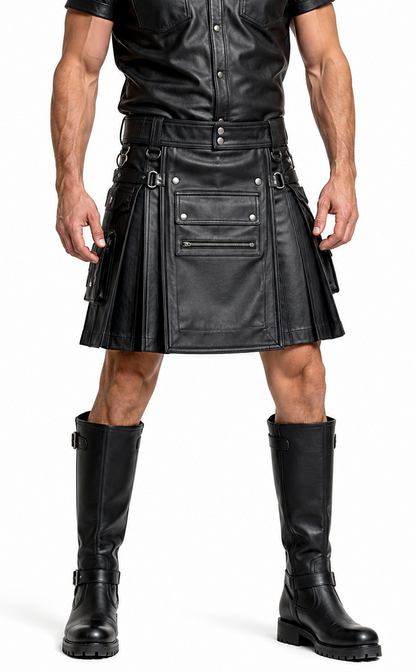 Men's Real Leather Utility Leather Cargo Kilt