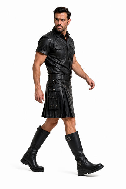 Men's Real Leather Utility Leather Cargo Kilt