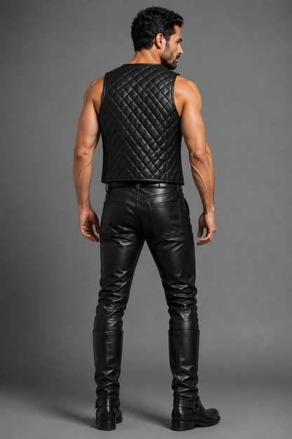Men’s Real Leather Bartender Vest Quilted Front & Back Slim Fit Vest