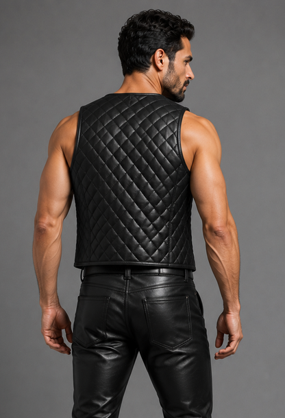 Men’s Real Leather Bartender Vest Quilted Front & Back Slim Fit Vest
