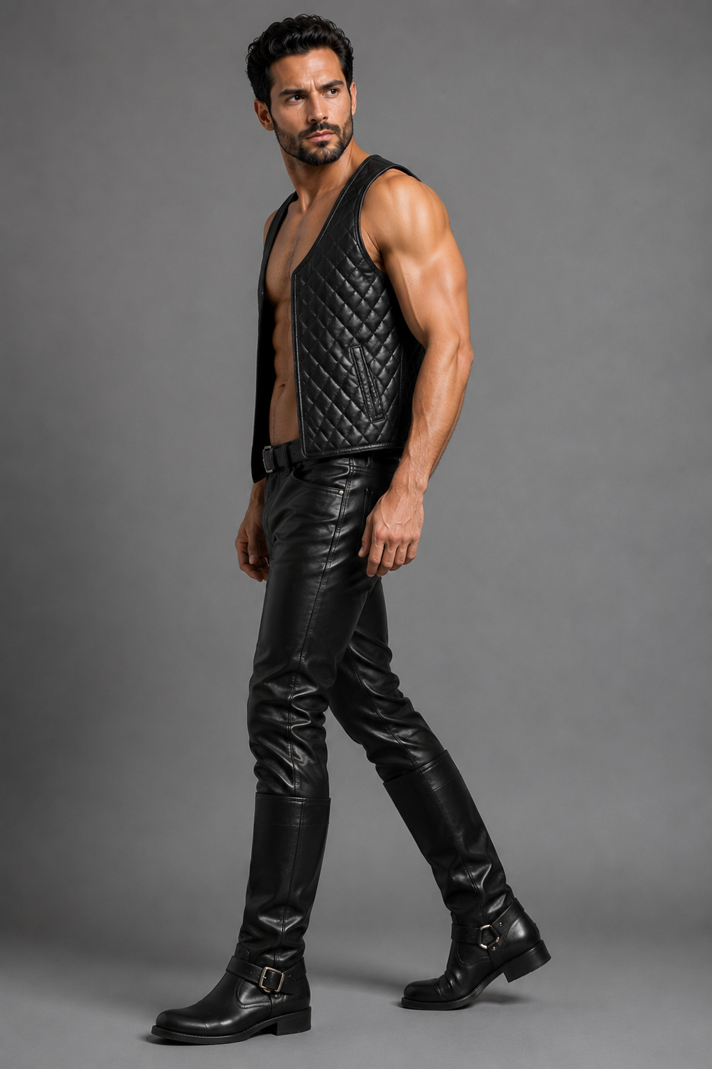 Men’s Real Leather Bartender Vest Quilted Front & Back Slim Fit Vest