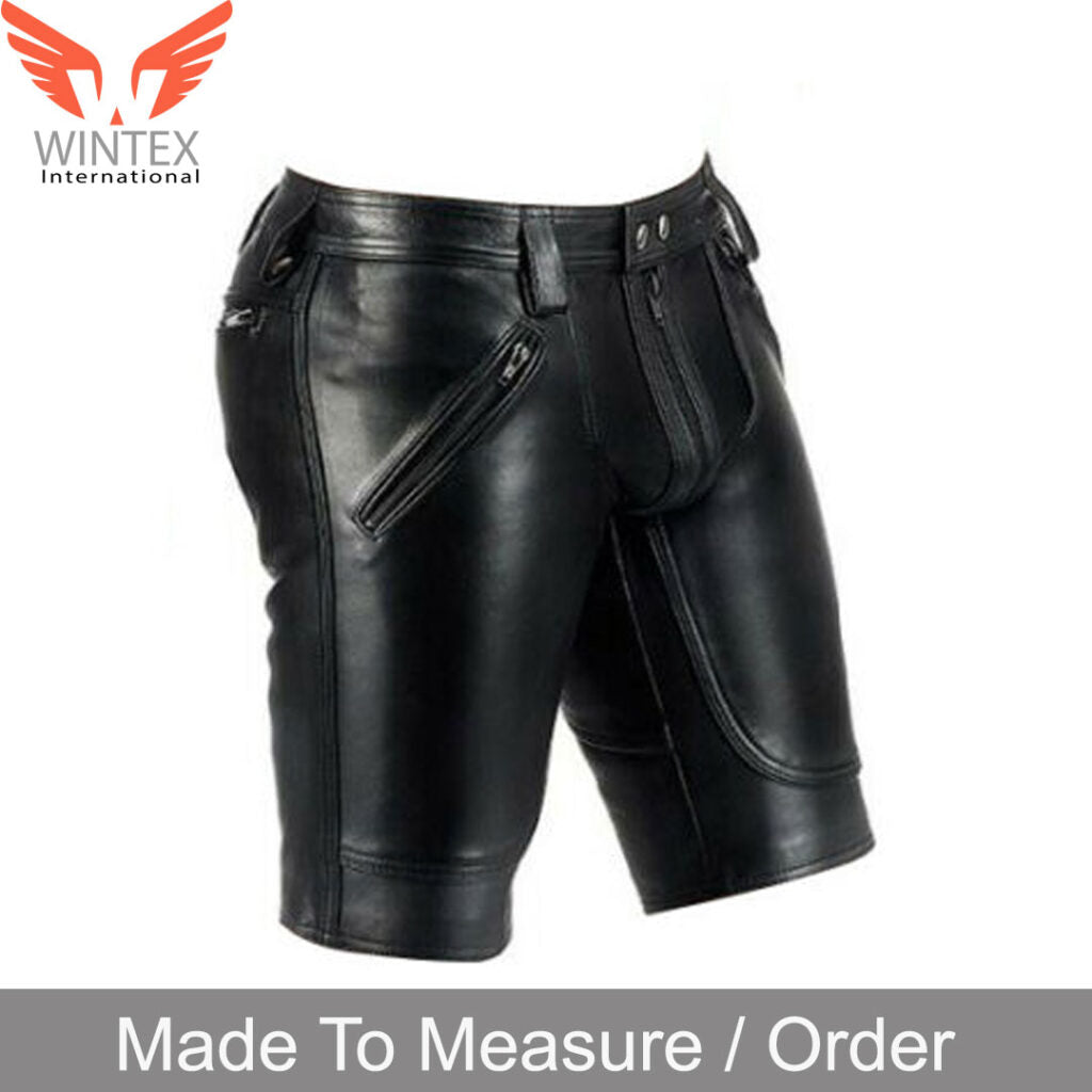 Real Cowhide Soft Leather Mens Black Shorts Club Wear Leather Shorts With Or Without Back Zip