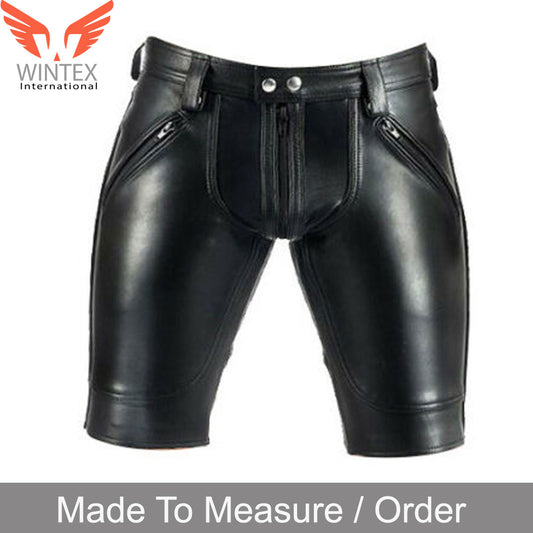 Real Cowhide Soft Leather Mens Black Shorts Club Wear Leather Shorts With Or Without Back Zip
